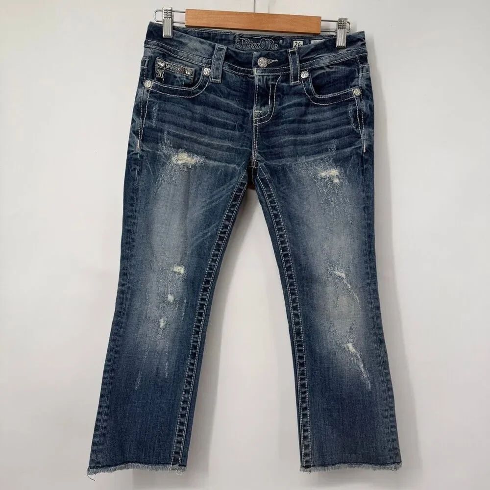 Miss Me Blue Distressed Destructed Mid-Rise Easy Crop Denim Jeans Size 26